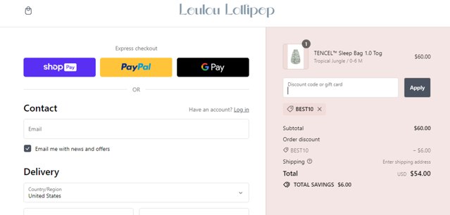 Loulou Lollipop checkout page showing Loulou Lollipop promo code box | Screenshot taken by SimplyCodes community member on Jan 1, 2024