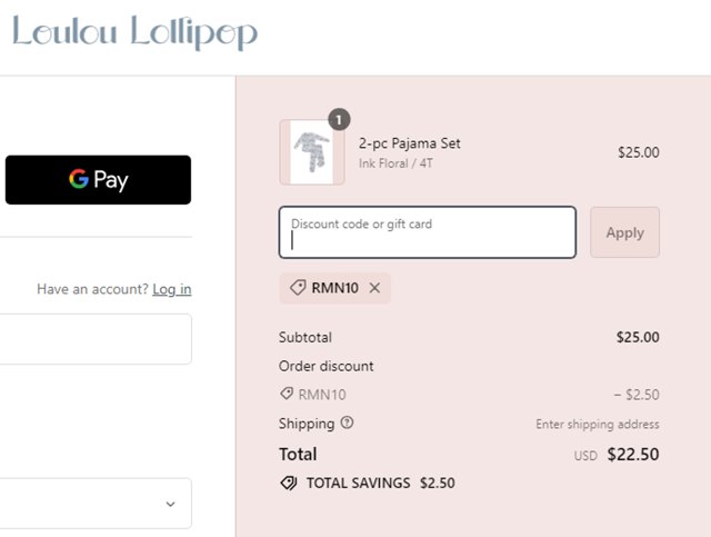 Loulou Lollipop checkout page showing Loulou Lollipop promo code box | Screenshot taken by SimplyCodes community member on Jan 13, 2024