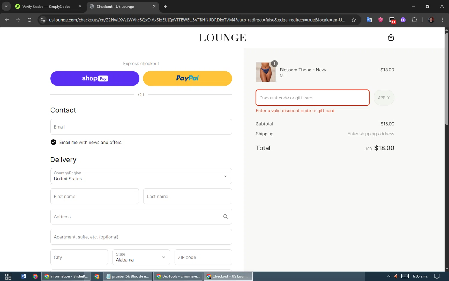 Lounge Underwear discount code screenshot showing code TREATYOURSELF applied at Lounge Underwear checkout page. Uploaded by SimplyCodes community member oooooi on May 29, 2025