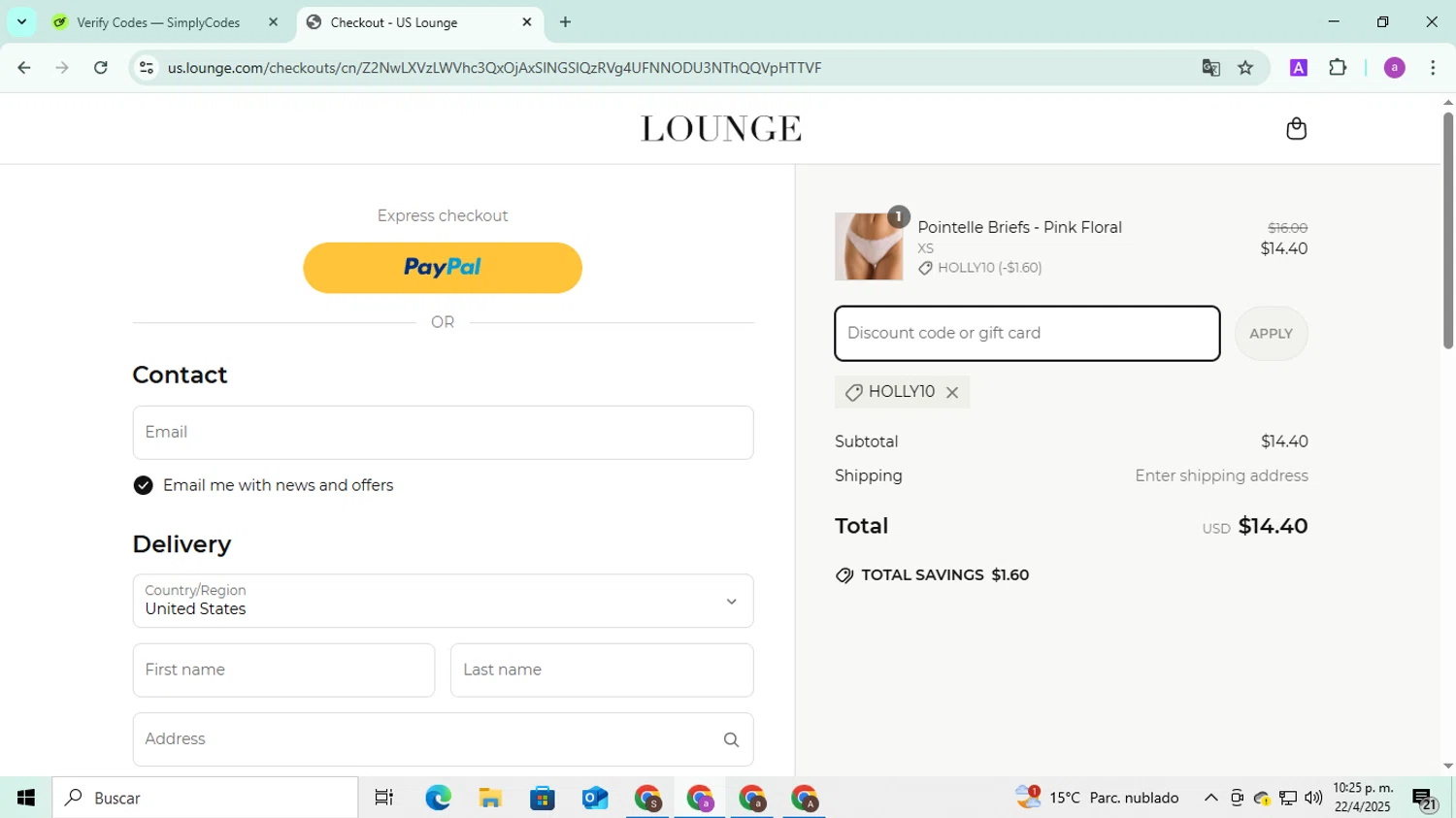 Lounge Underwear discount code screenshot showing code HOLLY10 applied at Lounge Underwear checkout page. Uploaded by SimplyCodes community member FortunatePilot2384 on Apr 22, 2025