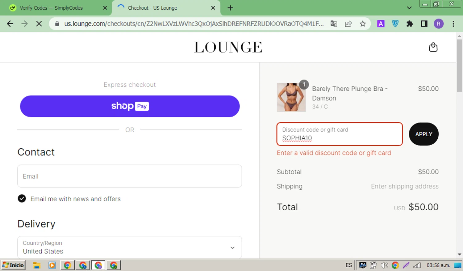 Lounge Underwear discount code screenshot showing code SOPHIA10 applied at Lounge Underwear checkout page. Uploaded by SimplyCodes community member ThriftyMonarch5789 on Jun 10, 2025