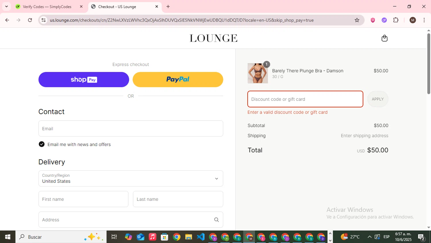 Lounge Underwear discount code screenshot showing code SOPHIA10 applied at Lounge Underwear checkout page. Uploaded by SimplyCodes community member WonderWizard9060 on Jun 10, 2025