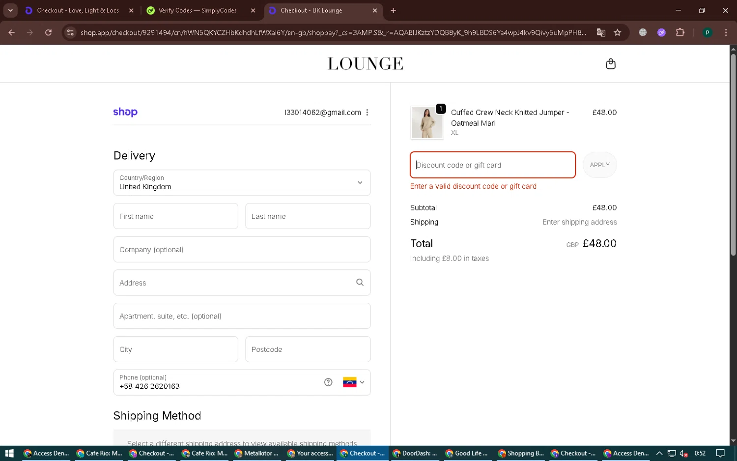 Lounge Underwear discount code screenshot showing code CARYS10 applied at Lounge Underwear checkout page. Uploaded by SimplyCodes community member ExtraordinaryVirtuoso6801 on Nov 18, 2025