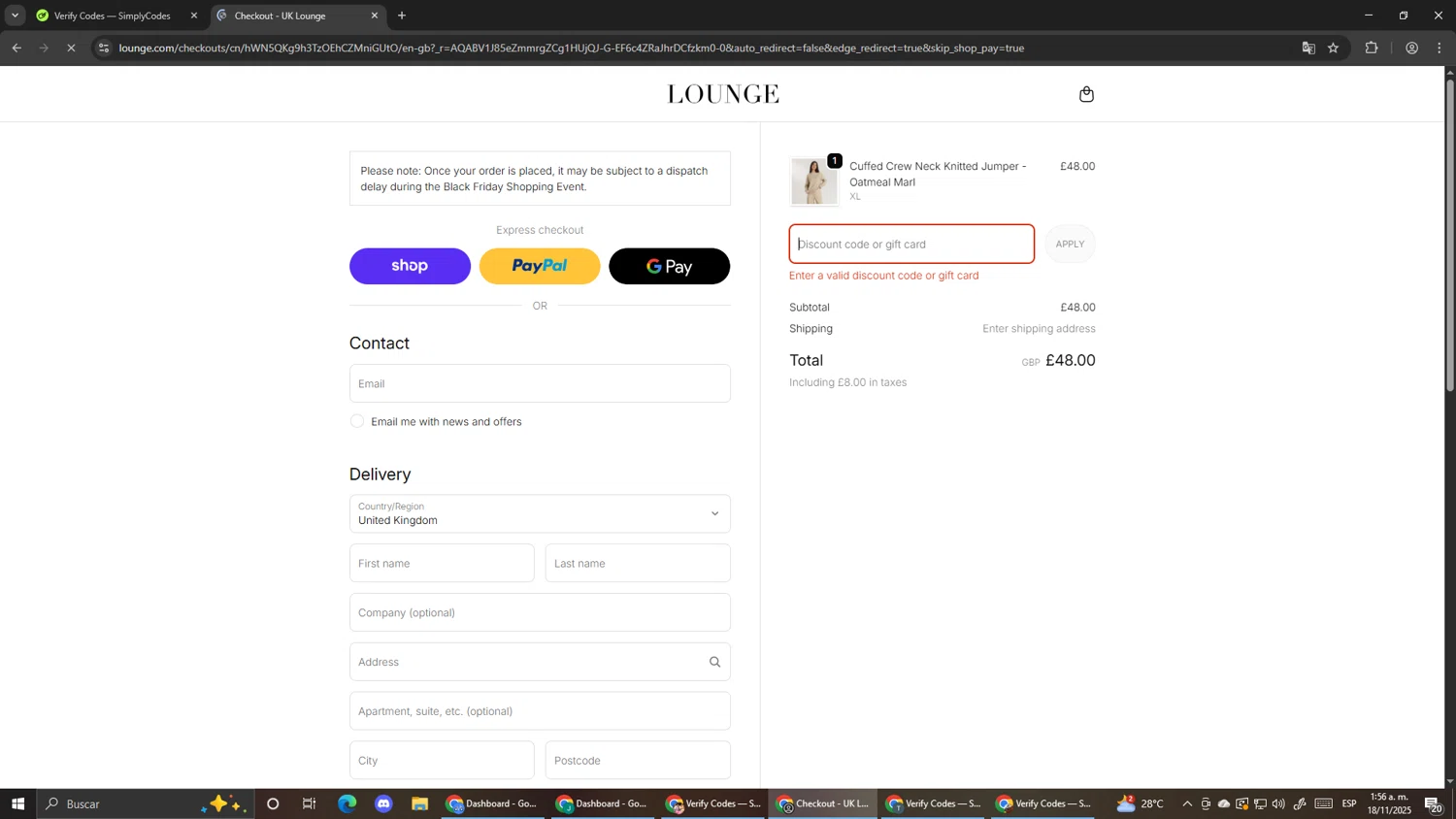 Lounge Underwear discount code screenshot showing code CARYS10 applied at Lounge Underwear checkout page. Uploaded by SimplyCodes community member Pirlo420 on Nov 18, 2025