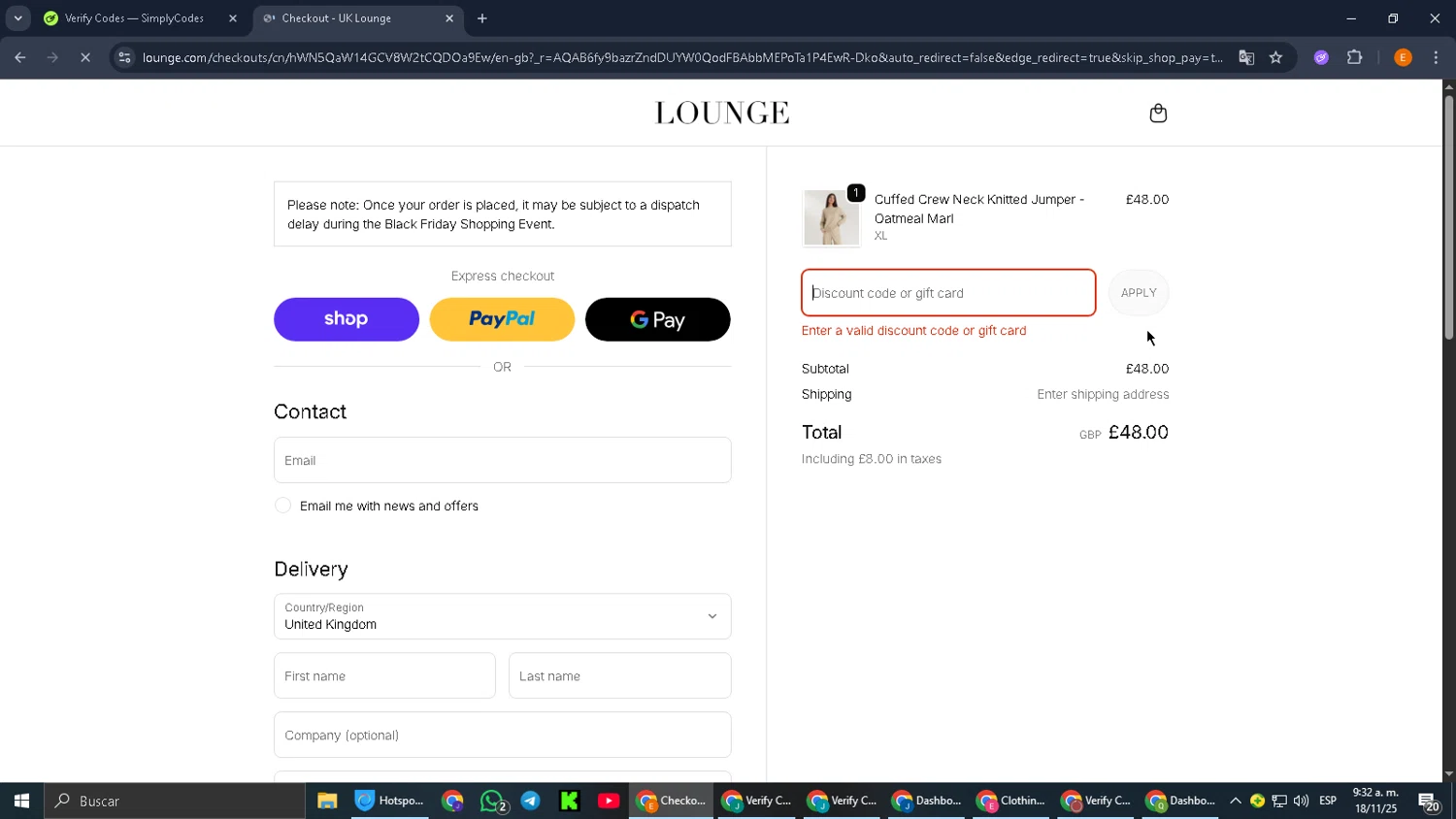 Lounge Underwear discount code screenshot showing code CARYS10 applied at Lounge Underwear checkout page. Uploaded by SimplyCodes community member jorgeyahoo on Nov 18, 2025