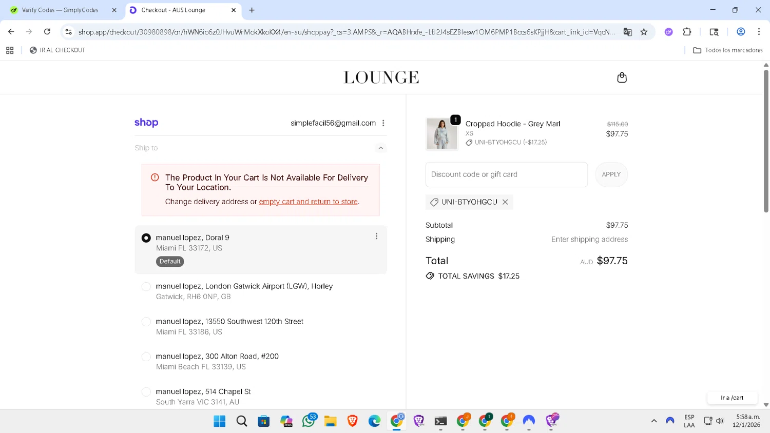 Lounge Underwear checkout page showing Lounge Underwear discount code box | Screenshot taken by SimplyCodes community member on Jan 12, 2026