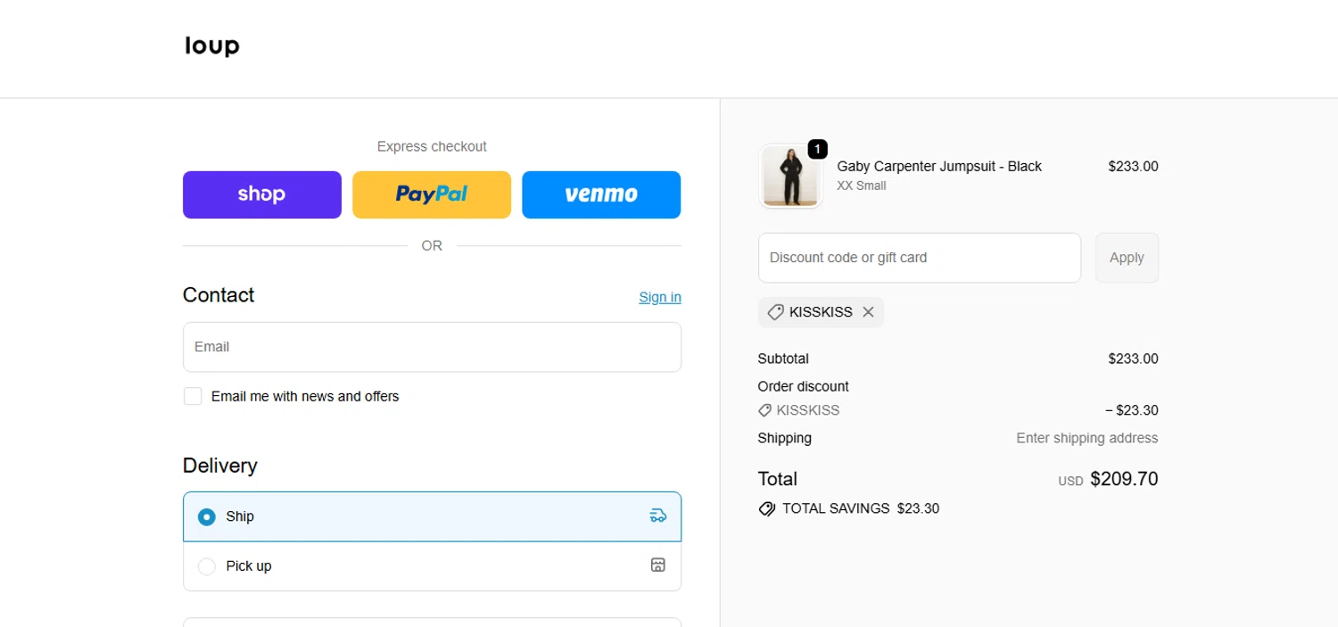 Loup promo code screenshot showing code KISSKISS applied at Loup checkout page. Uploaded by SimplyCodes community member CashAce9852 on Dec 6, 2025
