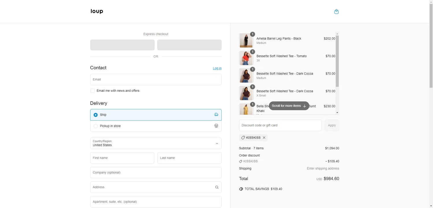 Loup promo code screenshot showing code KISSKISS applied at Loup checkout page. Uploaded by SimplyCodes community member CleverHawk1744 on May 29, 2025