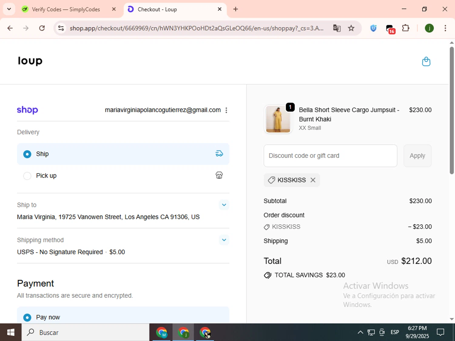 Loup promo code screenshot showing code KISSKISS applied at Loup checkout page. Uploaded by SimplyCodes community member SavingsCollector2592 on Sep 29, 2025