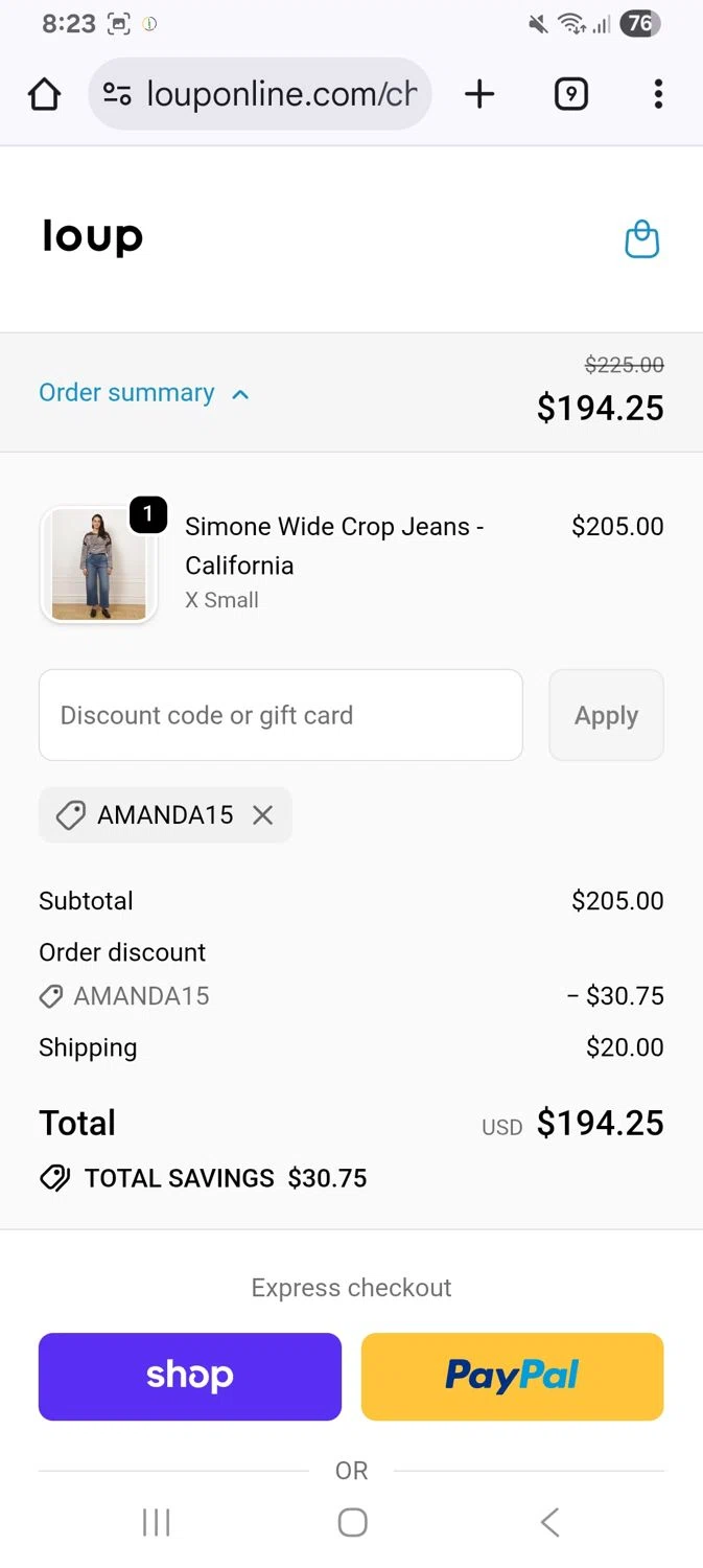 Loup promo code screenshot showing code Amanda15 applied at Loup checkout page. Uploaded by SimplyCodes community member KarinaHZ on Dec 2, 2025