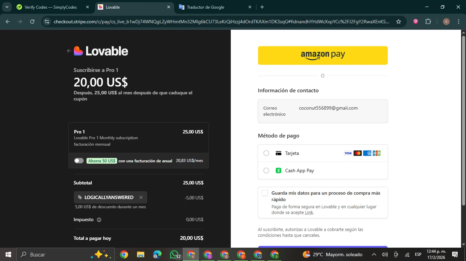 Lovable promo code screenshot showing code LOGICALLYANSWERED applied at Lovable checkout page. Uploaded by SimplyCodes community member NobleExpert6497 on Feb 17, 2026