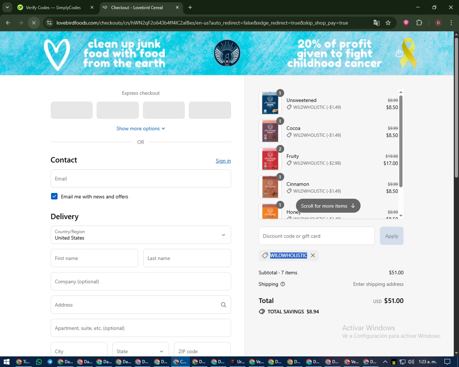 Lovebird Cereal discount code screenshot showing code wildwholistic applied at Lovebird Cereal checkout page. Uploaded by SimplyCodes community member liltecca on Sep 11, 2025
