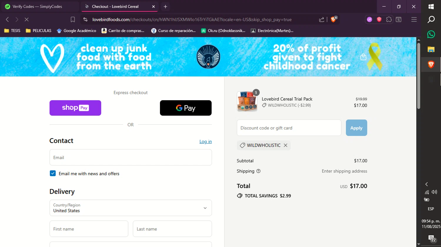 Lovebird Cereal discount code screenshot showing code wildwholistic applied at Lovebird Cereal checkout page. Uploaded by SimplyCodes community member xXdevoragoticas69Xx on Aug 12, 2025