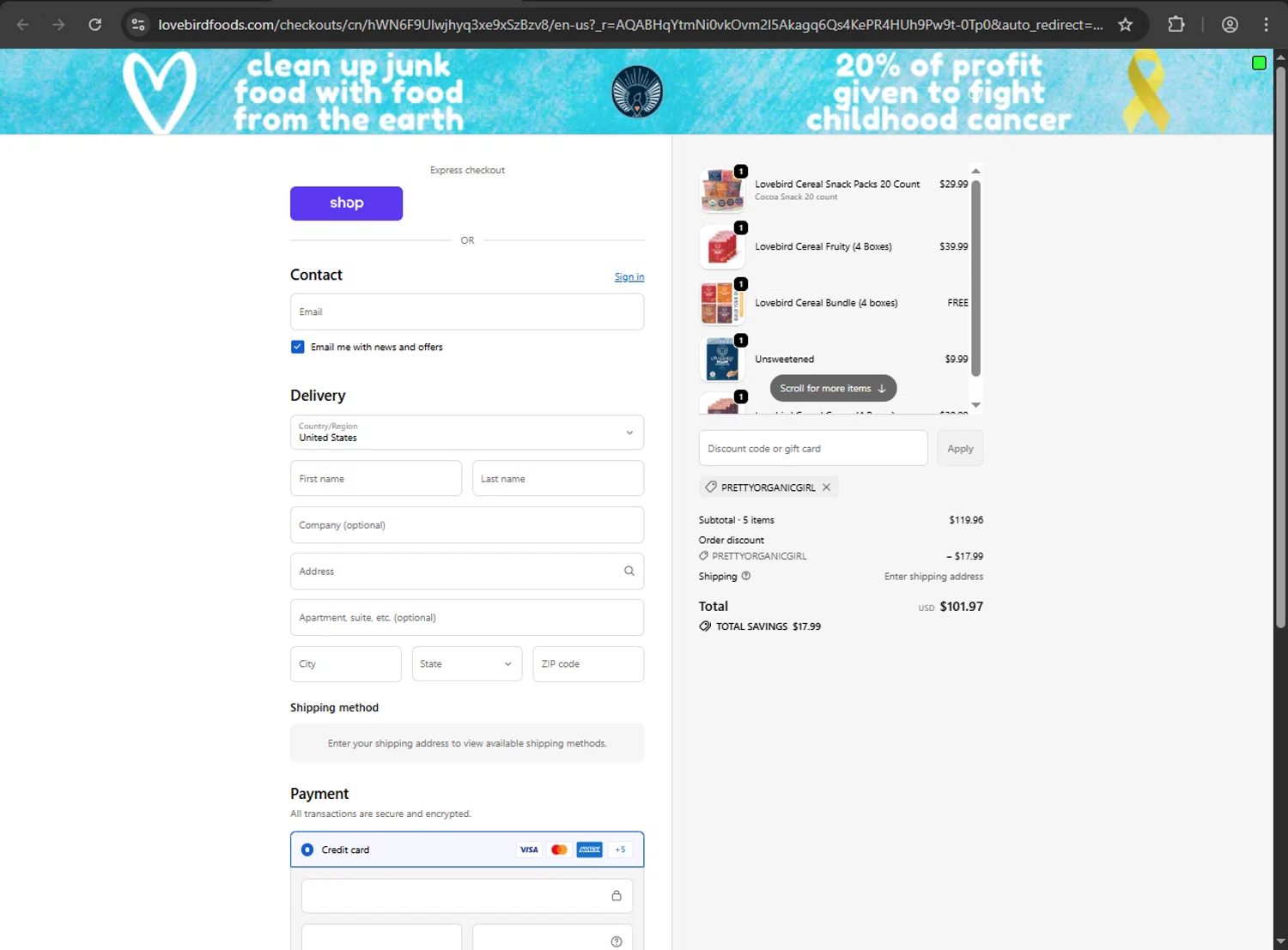 Lovebird Cereal discount code screenshot showing code prettyorganicgirl applied at Lovebird Cereal checkout page. Uploaded by SimplyCodes community member RINITOSHI on Dec 9, 2025
