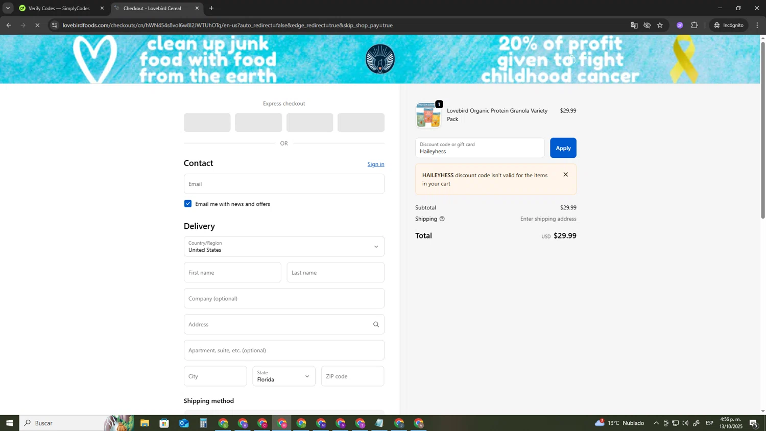 Lovebird Cereal discount code screenshot showing code Haileyhess applied at Lovebird Cereal checkout page. Uploaded by SimplyCodes community member CBR600 on Oct 13, 2025