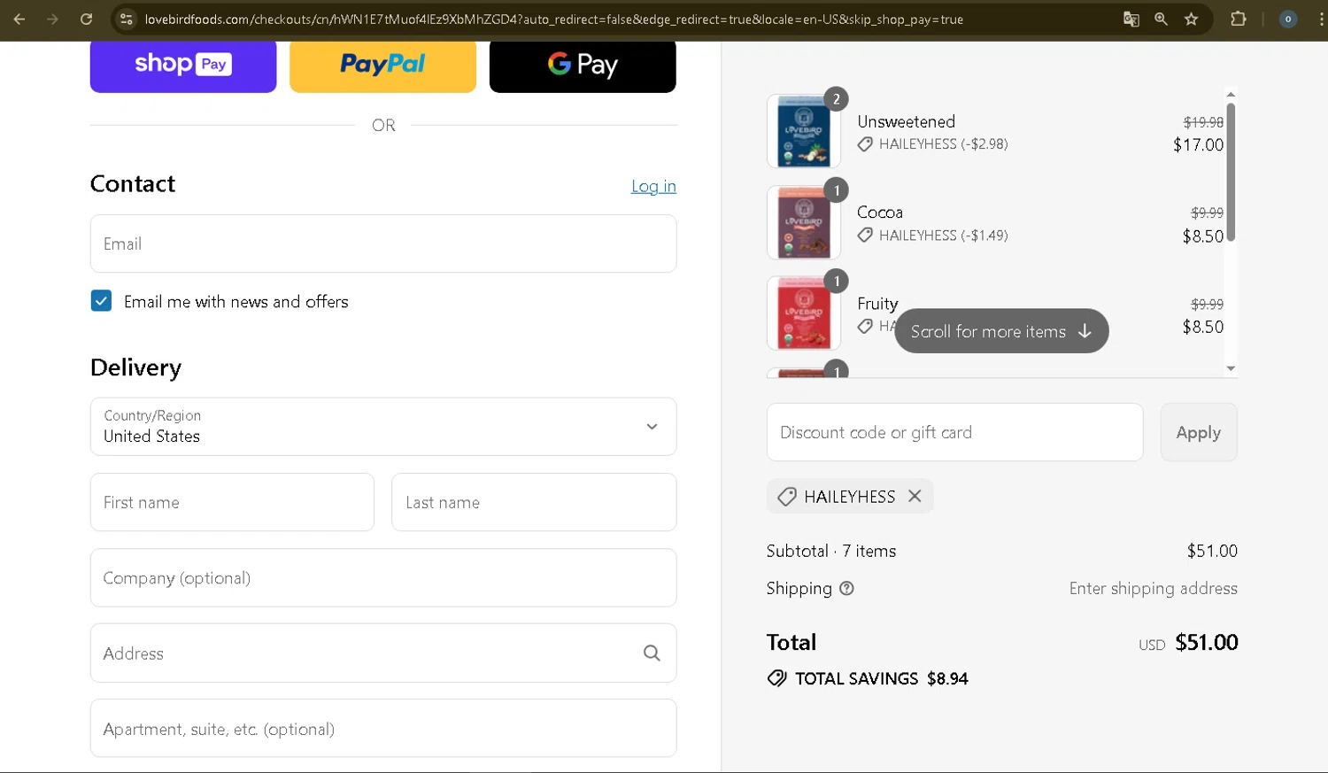 Lovebird Cereal discount code screenshot showing code Haileyhess applied at Lovebird Cereal checkout page. Uploaded by SimplyCodes community member Danmiel007 on Jul 30, 2025