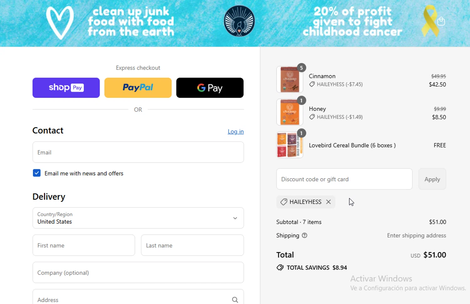 Lovebird Cereal discount code screenshot showing code Haileyhess applied at Lovebird Cereal checkout page. Uploaded by SimplyCodes community member ligthYA on Aug 25, 2025