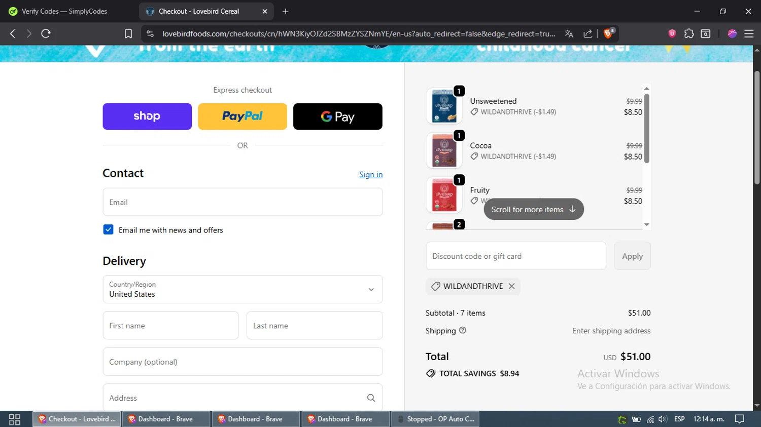 Lovebird Cereal discount code screenshot showing code WILDANDTHRIVE applied at Lovebird Cereal checkout page. Uploaded by SimplyCodes community member Samira on Sep 24, 2025