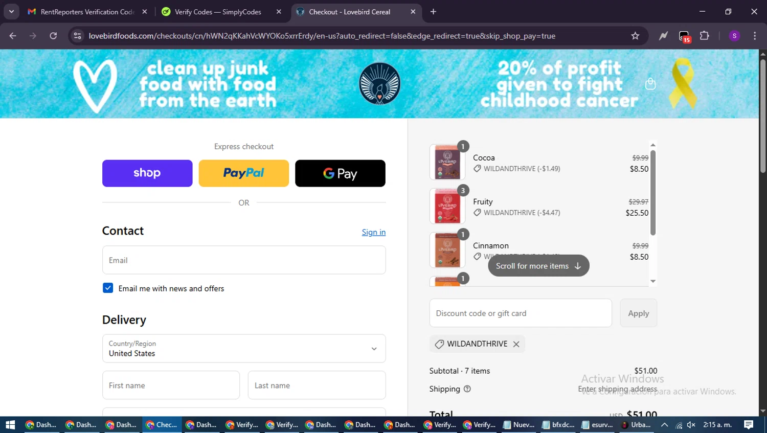 Lovebird Cereal discount code screenshot showing code WILDANDTHRIVE applied at Lovebird Cereal checkout page. Uploaded by SimplyCodes community member ShieldWarden7838 on Sep 11, 2025