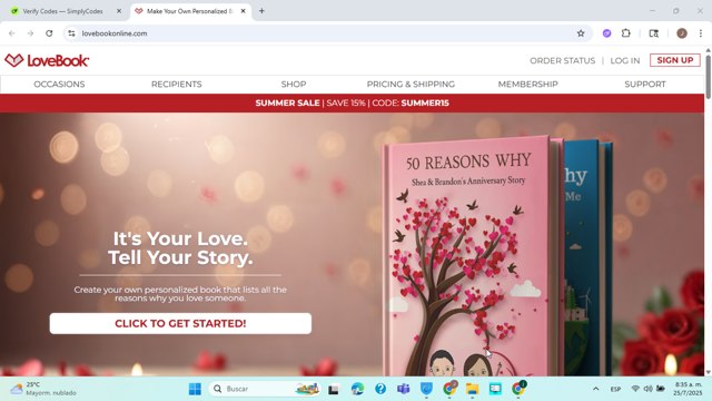 LoveBook Online checkout page showing LoveBook Online coupon code box | Screenshot taken by SimplyCodes community member on Jul 25, 2025