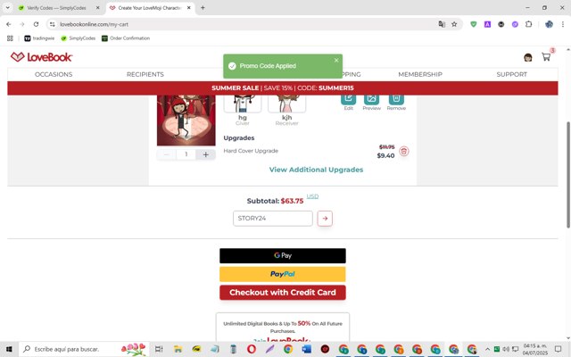 LoveBook Online checkout page showing LoveBook Online coupon code box | Screenshot taken by SimplyCodes community member on Jul 4, 2025
