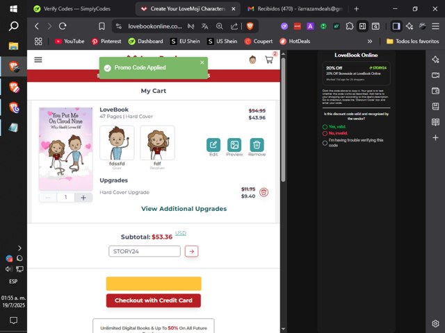 LoveBook Online checkout page showing LoveBook Online coupon code box | Screenshot taken by SimplyCodes community member on Jul 19, 2025