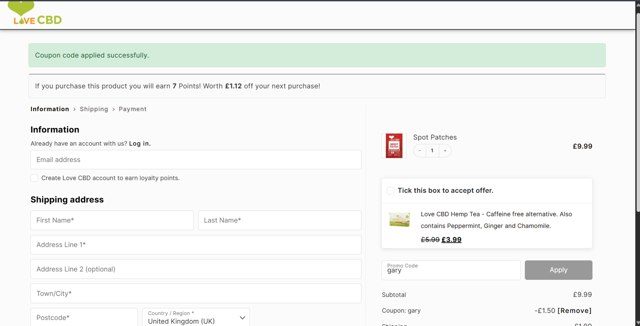 Love CBD checkout page showing Love CBD promo code box | Screenshot taken by SimplyCodes community member on Jul 27, 2025
