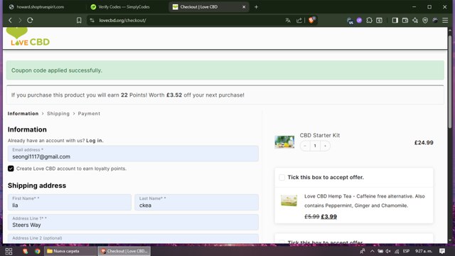 Love CBD checkout page showing Love CBD promo code box | Screenshot taken by SimplyCodes community member on Aug 24, 2025