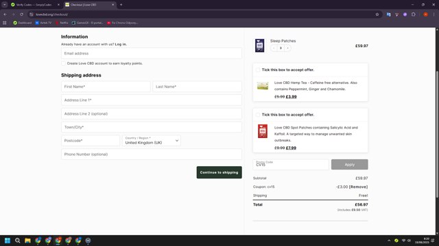 Love CBD checkout page showing Love CBD promo code box | Screenshot taken by SimplyCodes community member on Aug 19, 2025