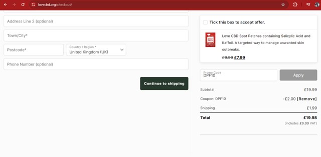 Love CBD checkout page showing Love CBD promo code box | Screenshot taken by SimplyCodes community member on Aug 9, 2025