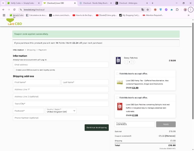 Love CBD checkout page showing Love CBD promo code box | Screenshot taken by SimplyCodes community member on Aug 6, 2025