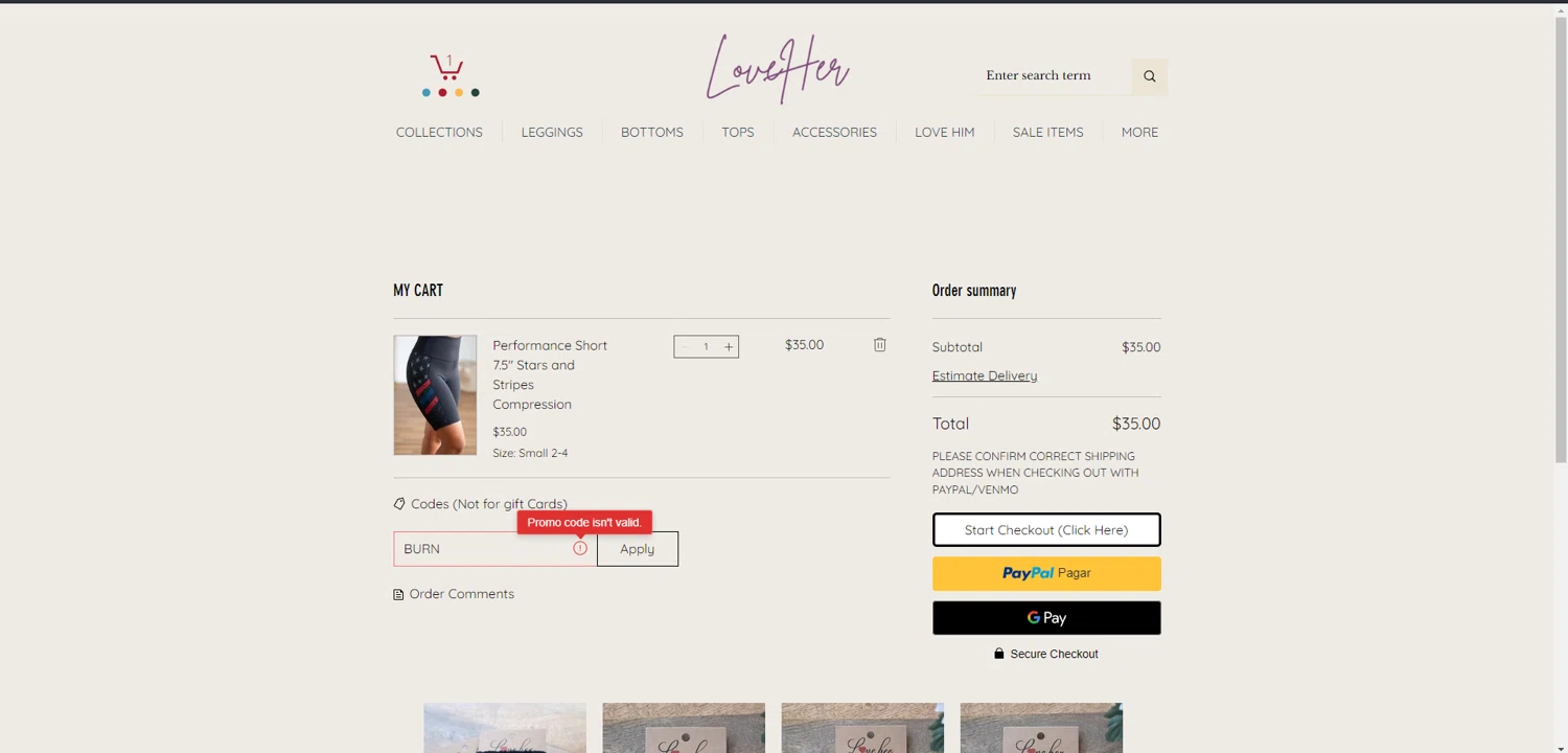 Love Her coupon code screenshot showing code BURN applied at Love Her checkout page. Uploaded by SimplyCodes community member kaiserser on Mar 12, 2025