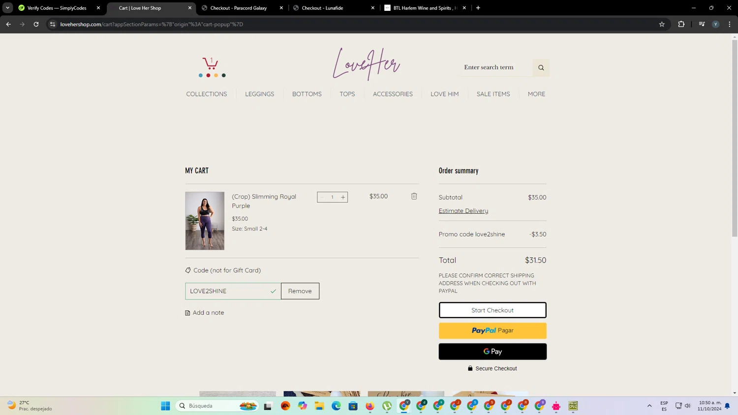 Love Her checkout page showing Love Her coupon code box | Screenshot taken by SimplyCodes community member on Oct 11, 2024