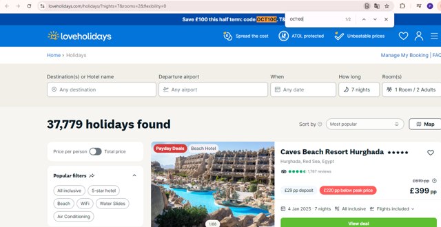 Loveholidays checkout page showing Loveholidays coupon code box | Screenshot taken by SimplyCodes community member on Oct 26, 2024