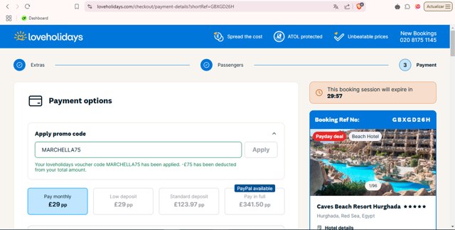 Loveholidays checkout page showing Loveholidays coupon code box | Screenshot taken by SimplyCodes community member on Mar 31, 2025