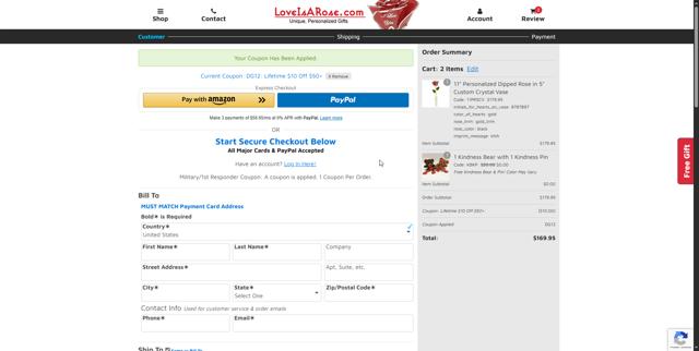 Love Is a Rose checkout page showing Love Is a Rose coupon code box | Screenshot taken by SimplyCodes community member on Jun 17, 2025
