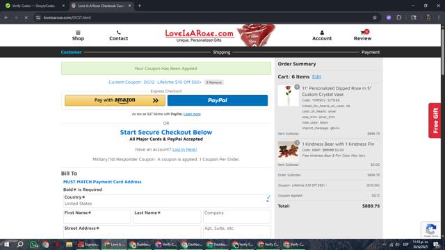 Love Is a Rose checkout page showing Love Is a Rose coupon code box | Screenshot taken by SimplyCodes community member on Jul 1, 2025