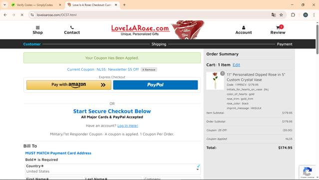 Love Is a Rose checkout page showing Love Is a Rose coupon code box | Screenshot taken by SimplyCodes community member on Sep 13, 2025