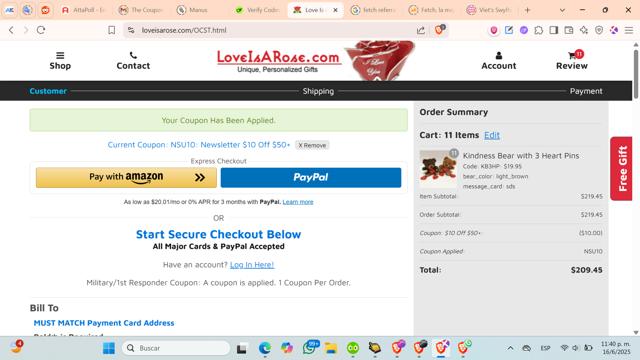 Love Is a Rose checkout page showing Love Is a Rose coupon code box | Screenshot taken by SimplyCodes community member on Jun 17, 2025