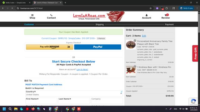 Love Is a Rose checkout page showing Love Is a Rose coupon code box | Screenshot taken by SimplyCodes community member on Jun 24, 2025