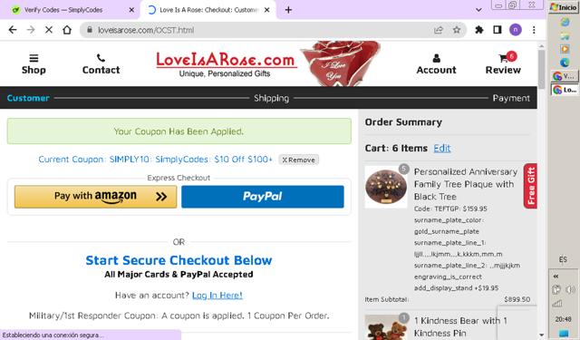 Love Is a Rose checkout page showing Love Is a Rose coupon code box | Screenshot taken by SimplyCodes community member on May 20, 2025