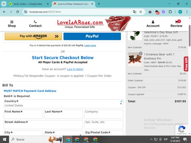 Love Is a Rose checkout page showing Love Is a Rose coupon code box | Screenshot taken by SimplyCodes community member on May 20, 2025