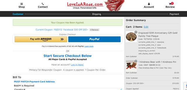 Love Is a Rose checkout page showing Love Is a Rose coupon code box | Screenshot taken by SimplyCodes community member on May 20, 2025
