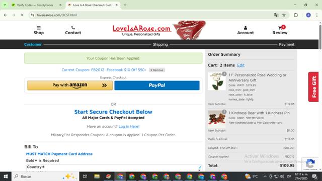 Love Is a Rose checkout page showing Love Is a Rose coupon code box | Screenshot taken by SimplyCodes community member on Apr 27, 2025