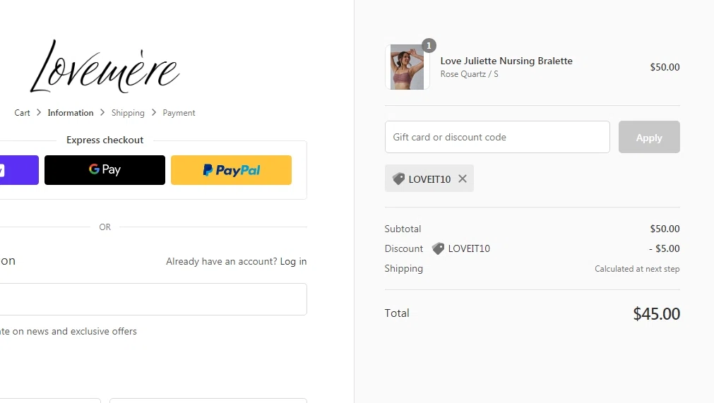 Lovemere checkout page showing Lovemere discount code box | Screenshot taken by SimplyCodes community member on May 10, 2021