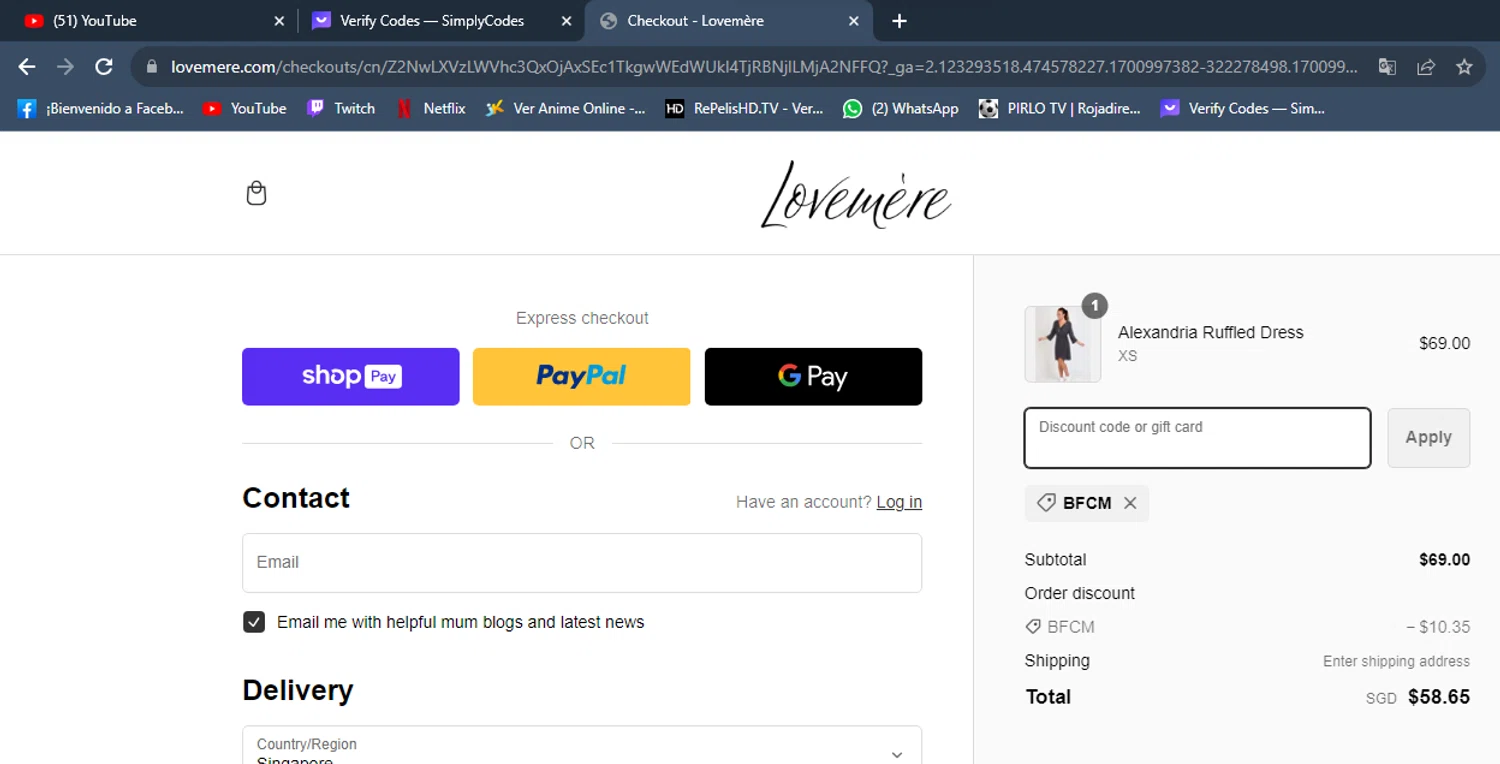 Lovemere checkout page showing Lovemere discount code box | Screenshot taken by SimplyCodes community member on Nov 26, 2023