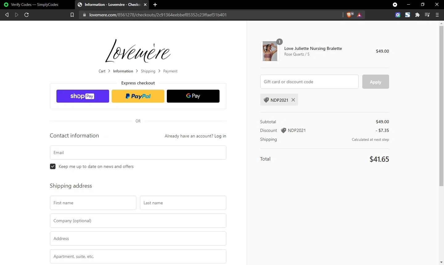 Lovemere checkout page showing Lovemere discount code box | Screenshot taken by SimplyCodes community member on Aug 6, 2021
