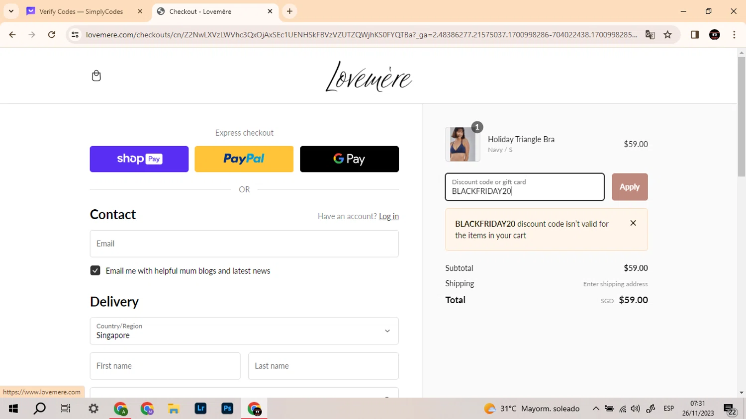 Lovemere checkout page showing Lovemere discount code box | Screenshot taken by SimplyCodes community member on Nov 26, 2023