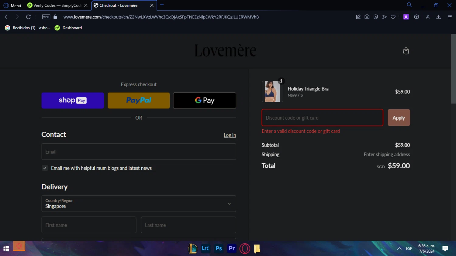 Lovemere checkout page showing Lovemere discount code box | Screenshot taken by SimplyCodes community member on Jun 7, 2024