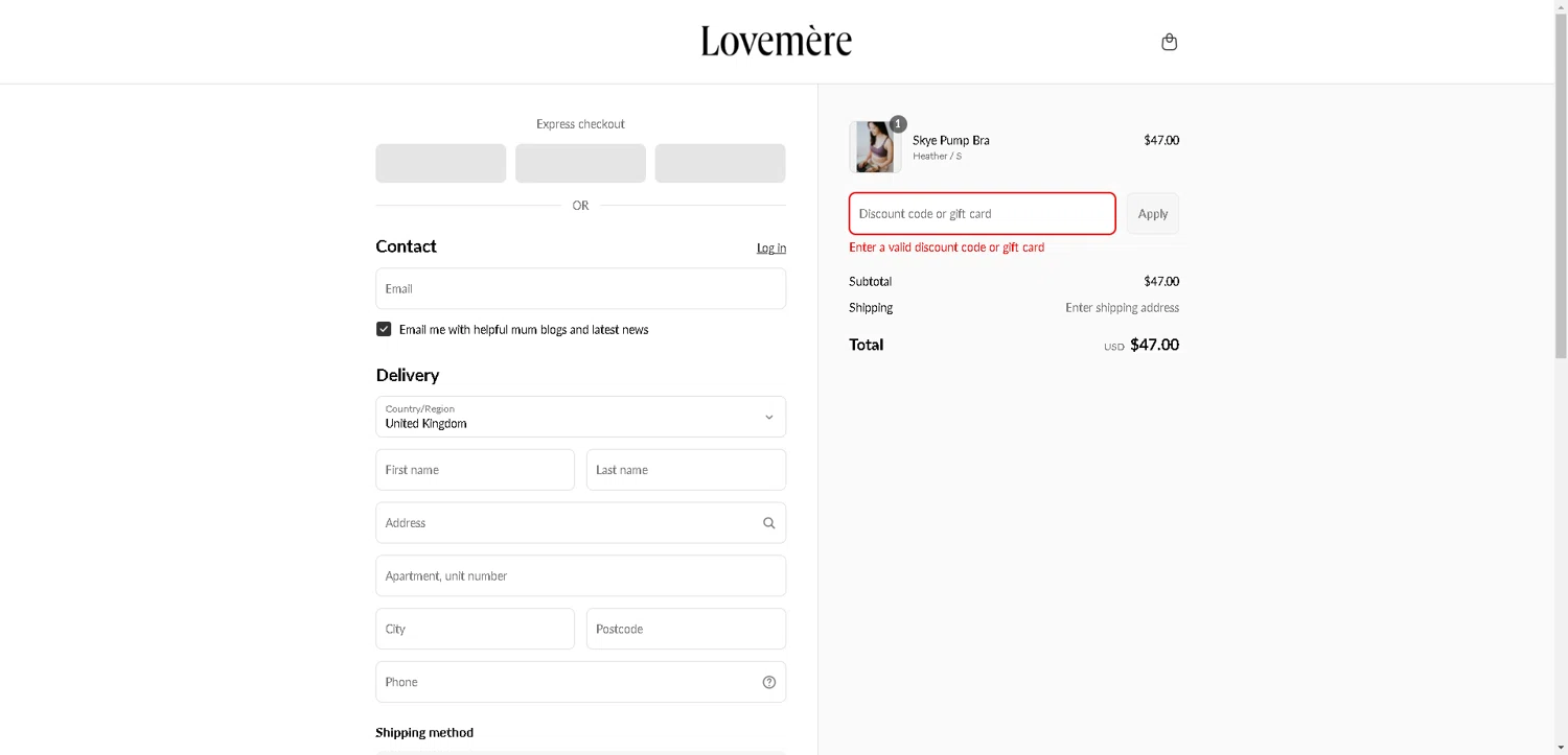 Lovemere discount code screenshot showing code NDP applied at Lovemere checkout page. Uploaded by SimplyCodes community member ValueWarden2887 on Aug 13, 2025